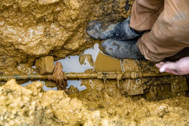 SKS Plumbing Plumber inspecting a main water line leak.